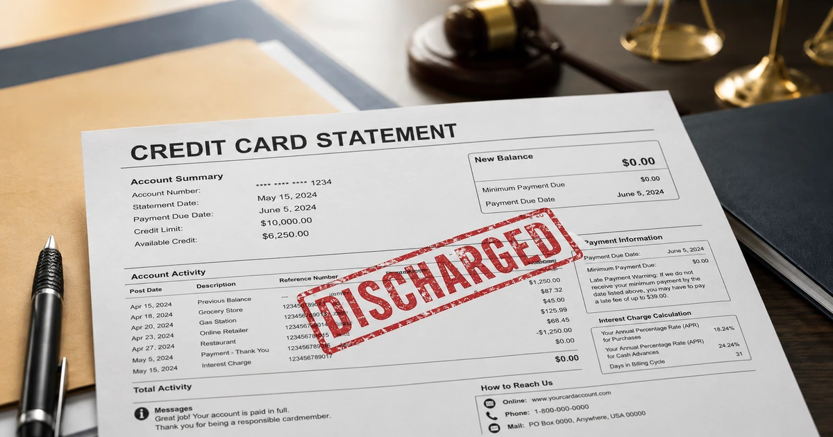 Credit card statement stamped “Discharged” on a legal desk with a gavel and scales of justice in the background.